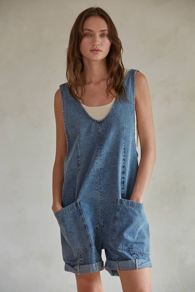BD299 | Denim Wide Leg Overalls Romper