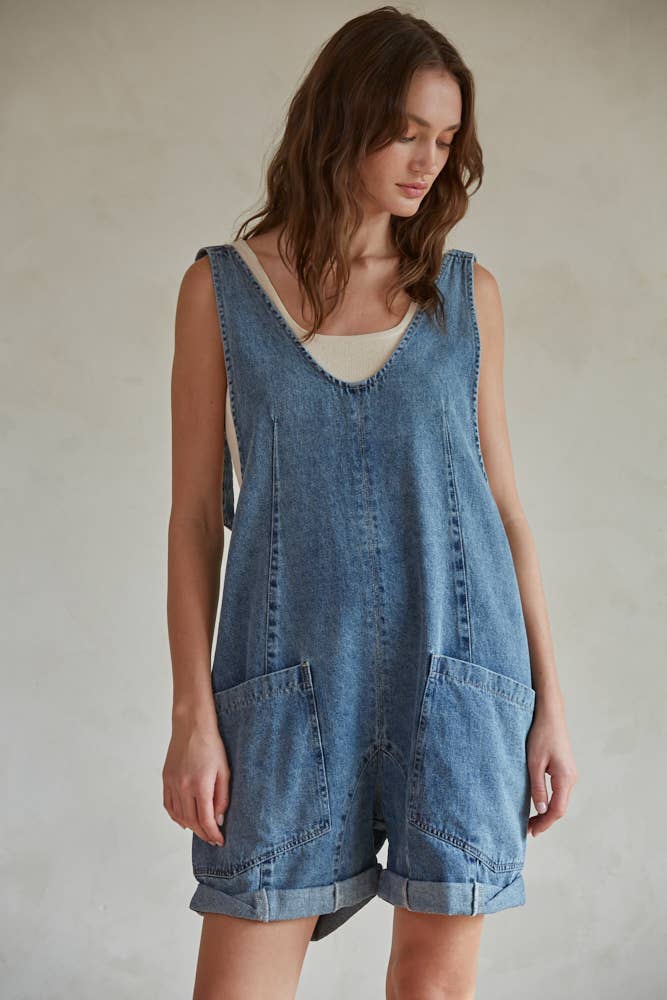 BD299 | Denim Wide Leg Overalls Romper