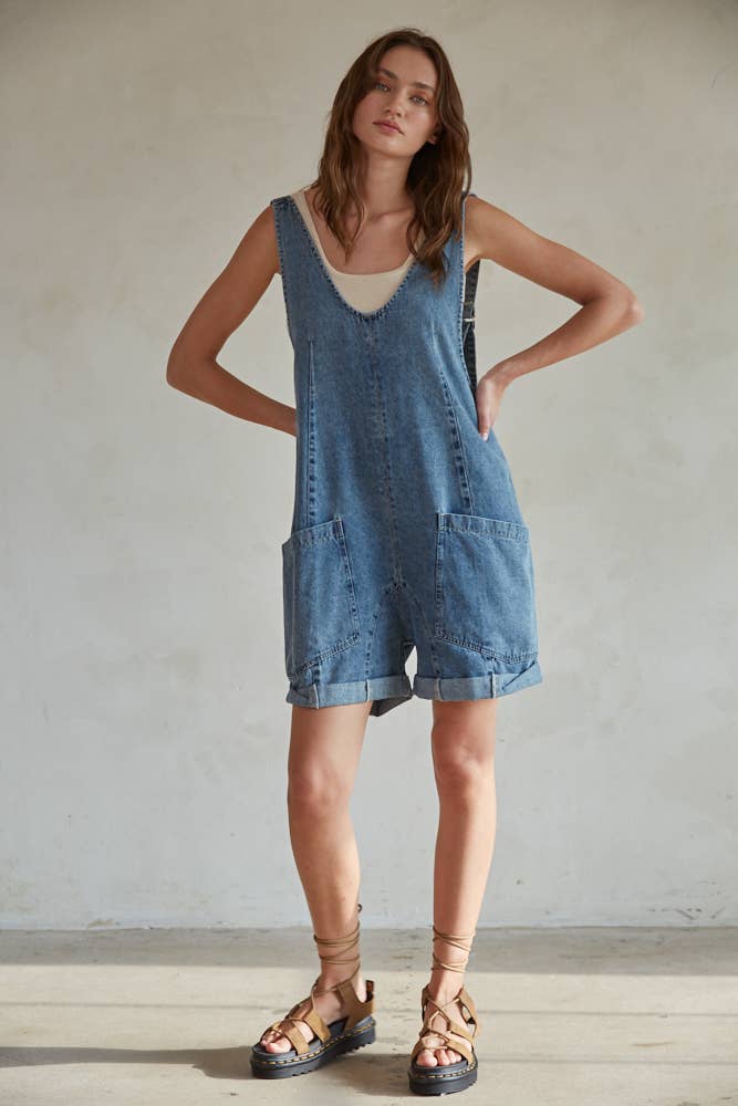 BD299 | Denim Wide Leg Overalls Romper